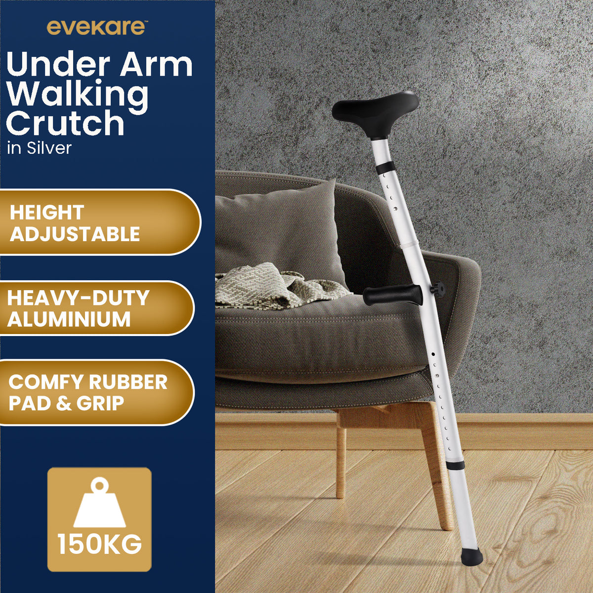 Evekare Heavy Duty Adjustable Underarm Walking Crutch, Lightweight Mobility Aid with Comfort Rubber Grip & Pad, Silver