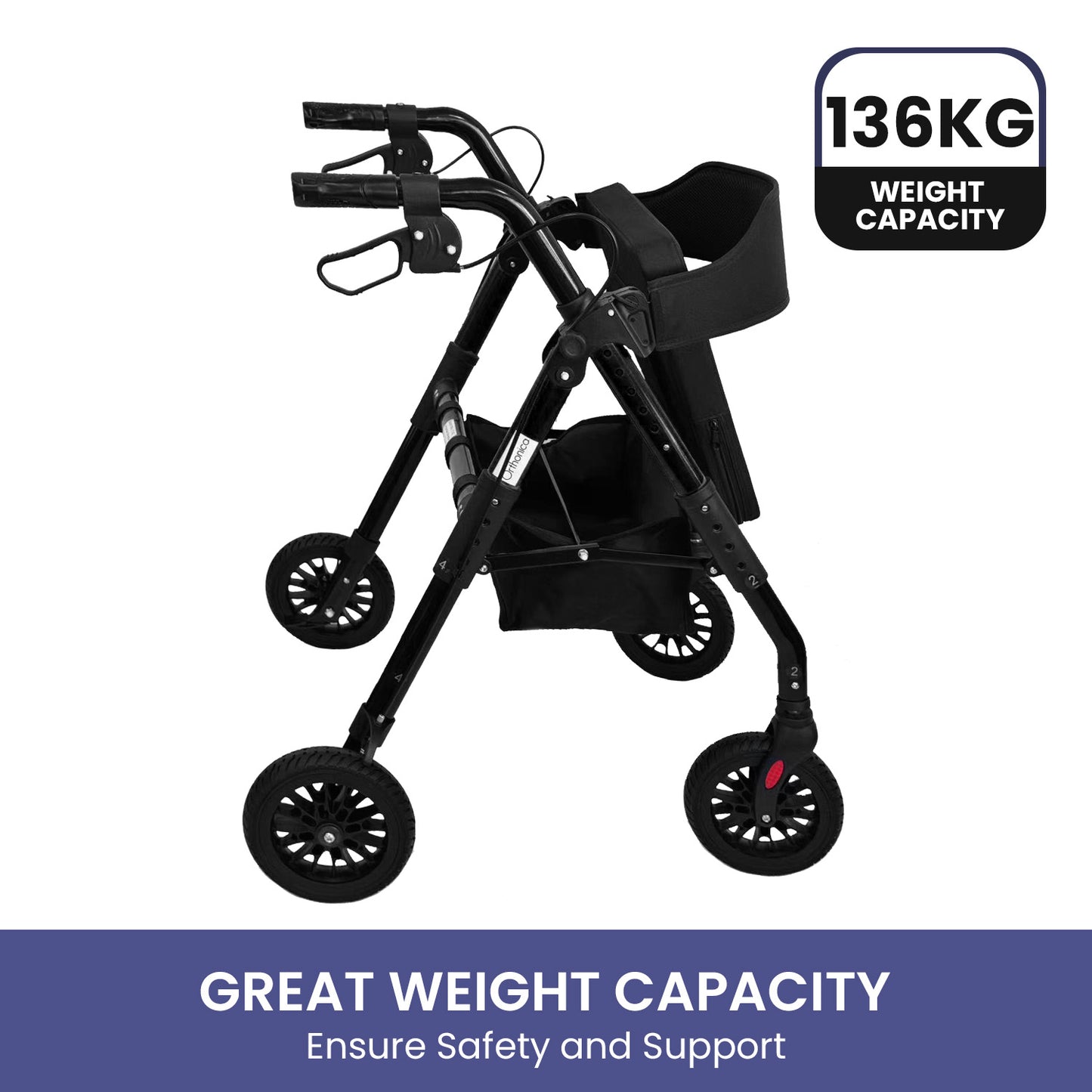 Orthonica Foldable Mobility Steel Rollator Walker 136kg Max Capacity Aid Seat
