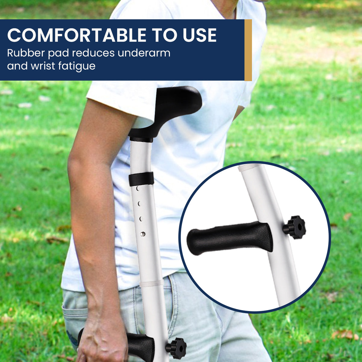 Evekare Heavy Duty Adjustable Underarm Walking Crutch, Lightweight Mobility Aid with Comfort Rubber Grip & Pad, Silver