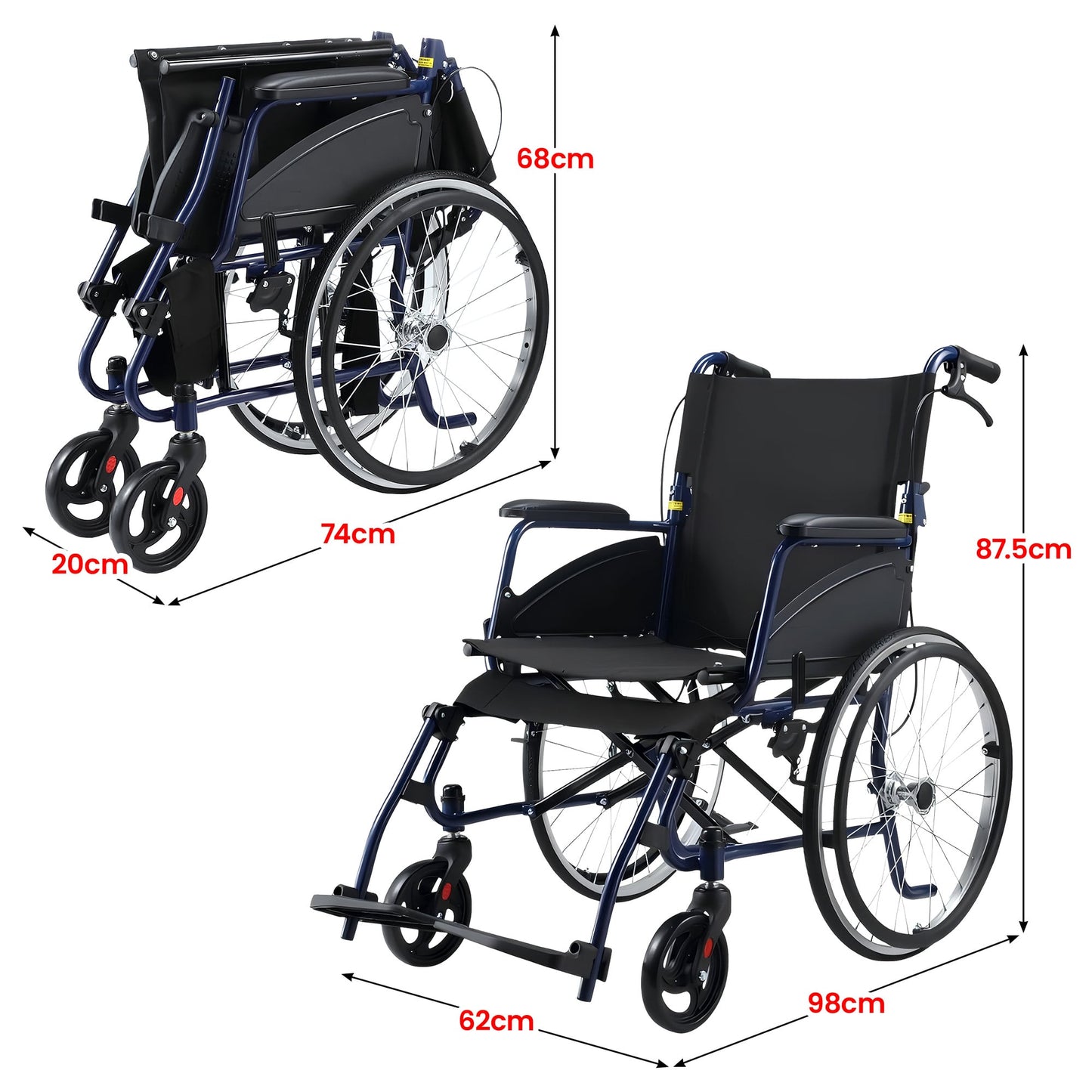 Orthonica 20in Self Propelled Foldable Steel Wheelchair Lightweight Portable