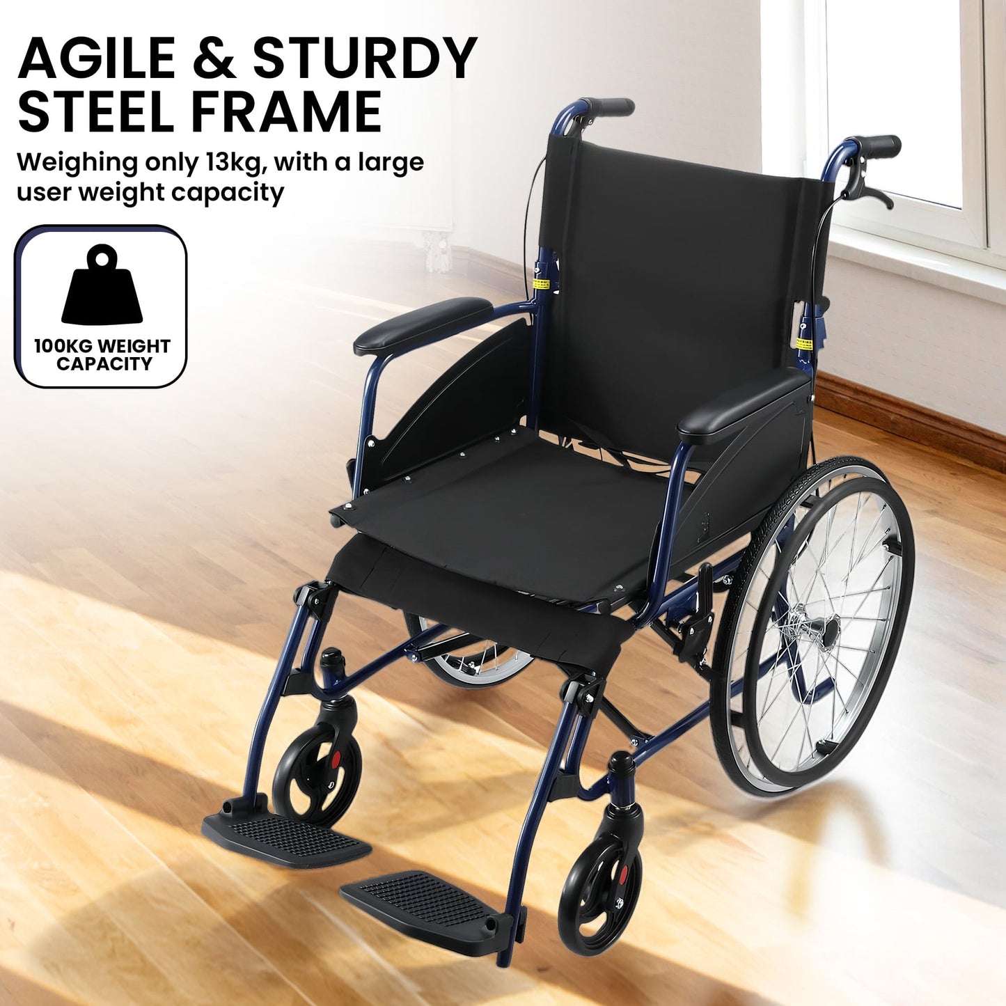 Orthonica 20in Self Propelled Foldable Steel Wheelchair Lightweight Portable