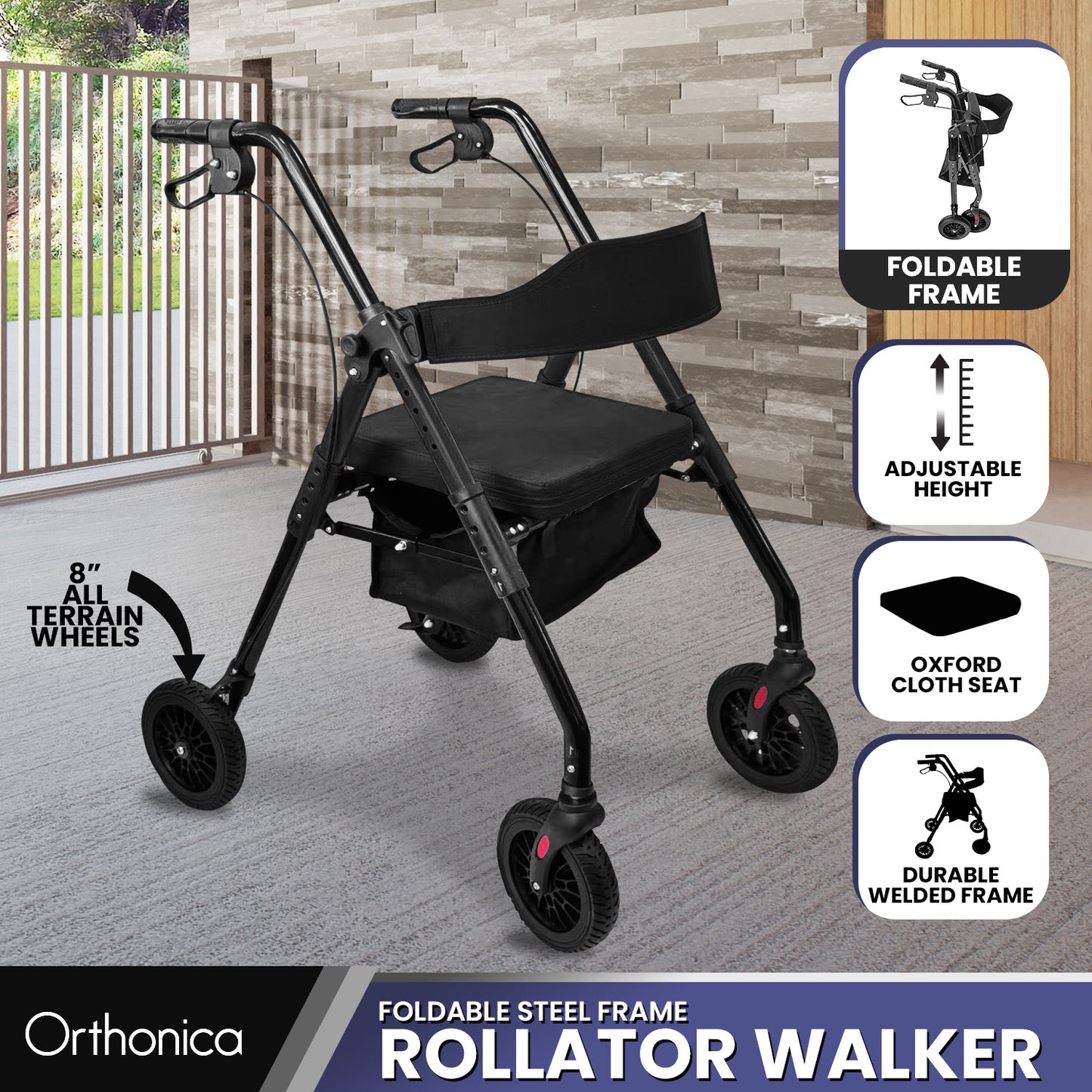 Orthonica Foldable Mobility Steel Rollator Walker 136kg Max Capacity Aid Seat