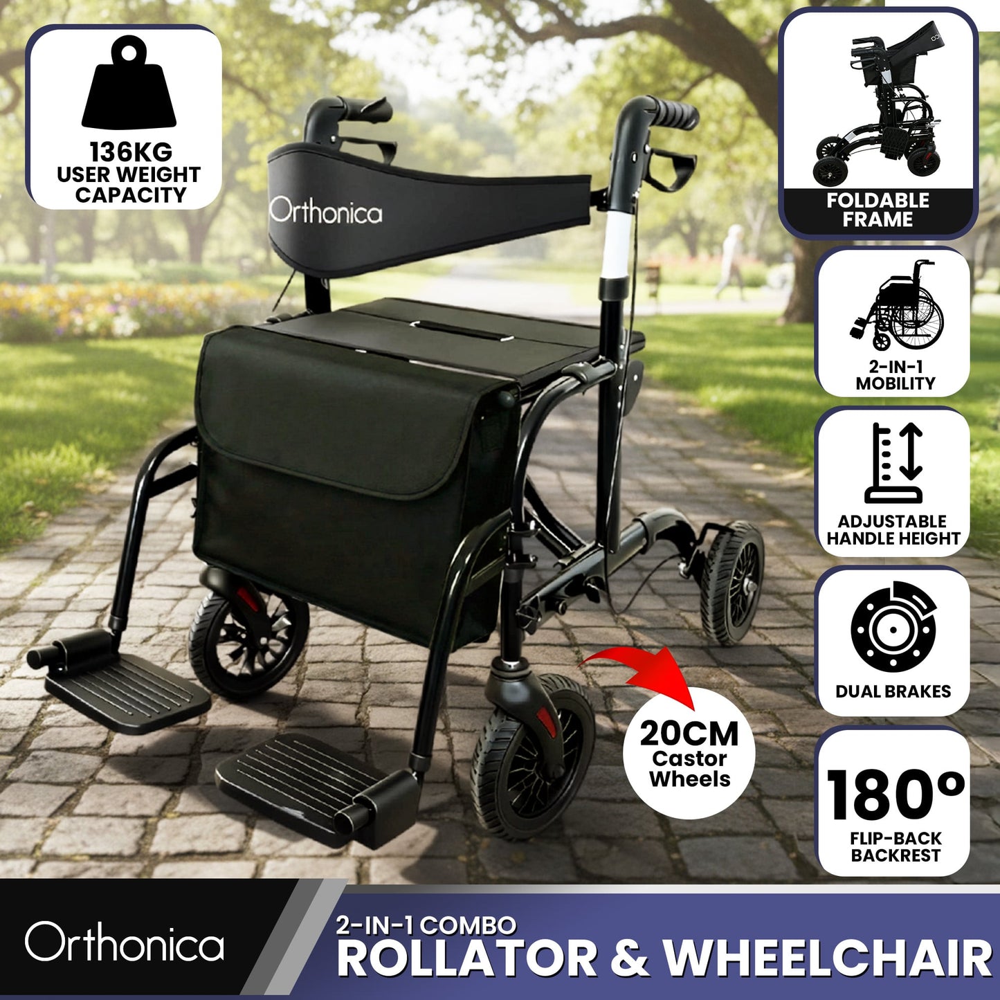 Orthonica Aluminium 2in1 Rollator Wheelchair with Foldable Frame Black & Silver