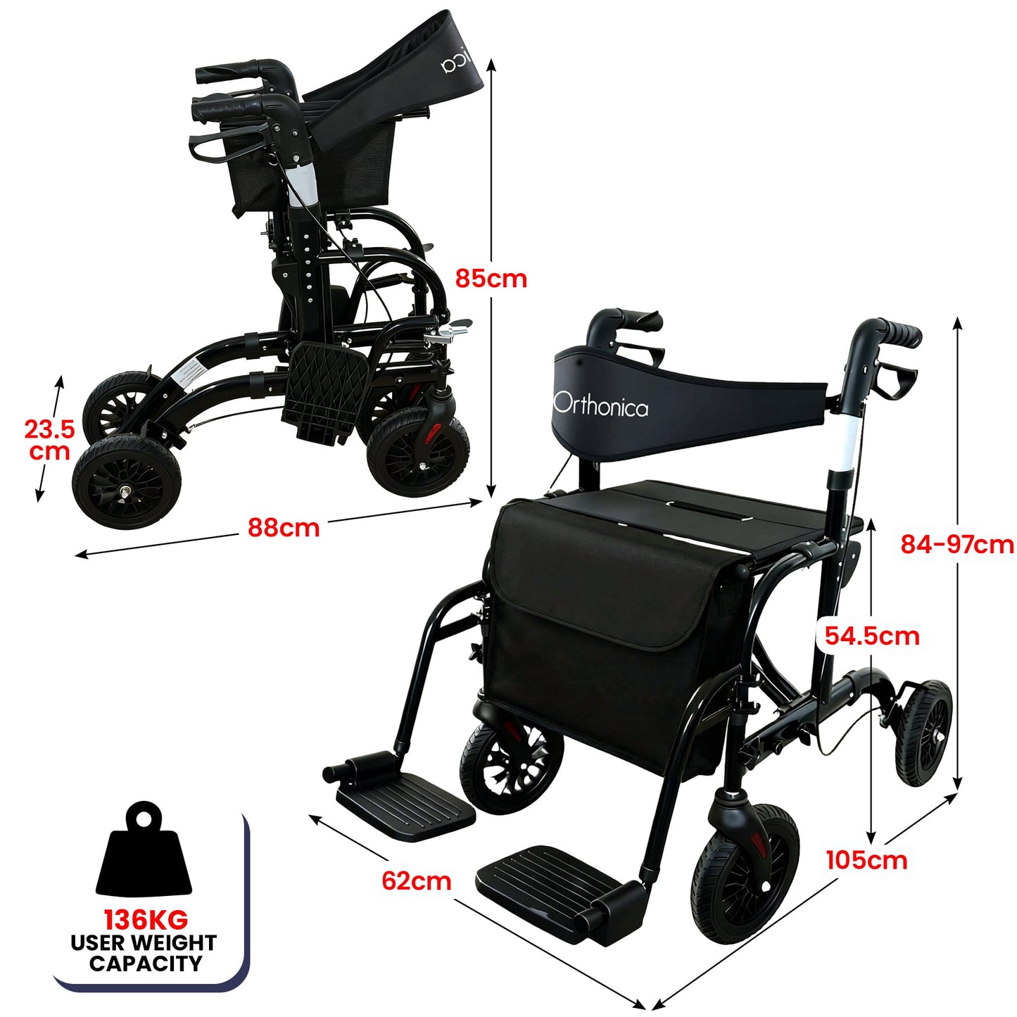 Orthonica Aluminium 2in1 Rollator Wheelchair with Foldable Frame Black & Silver