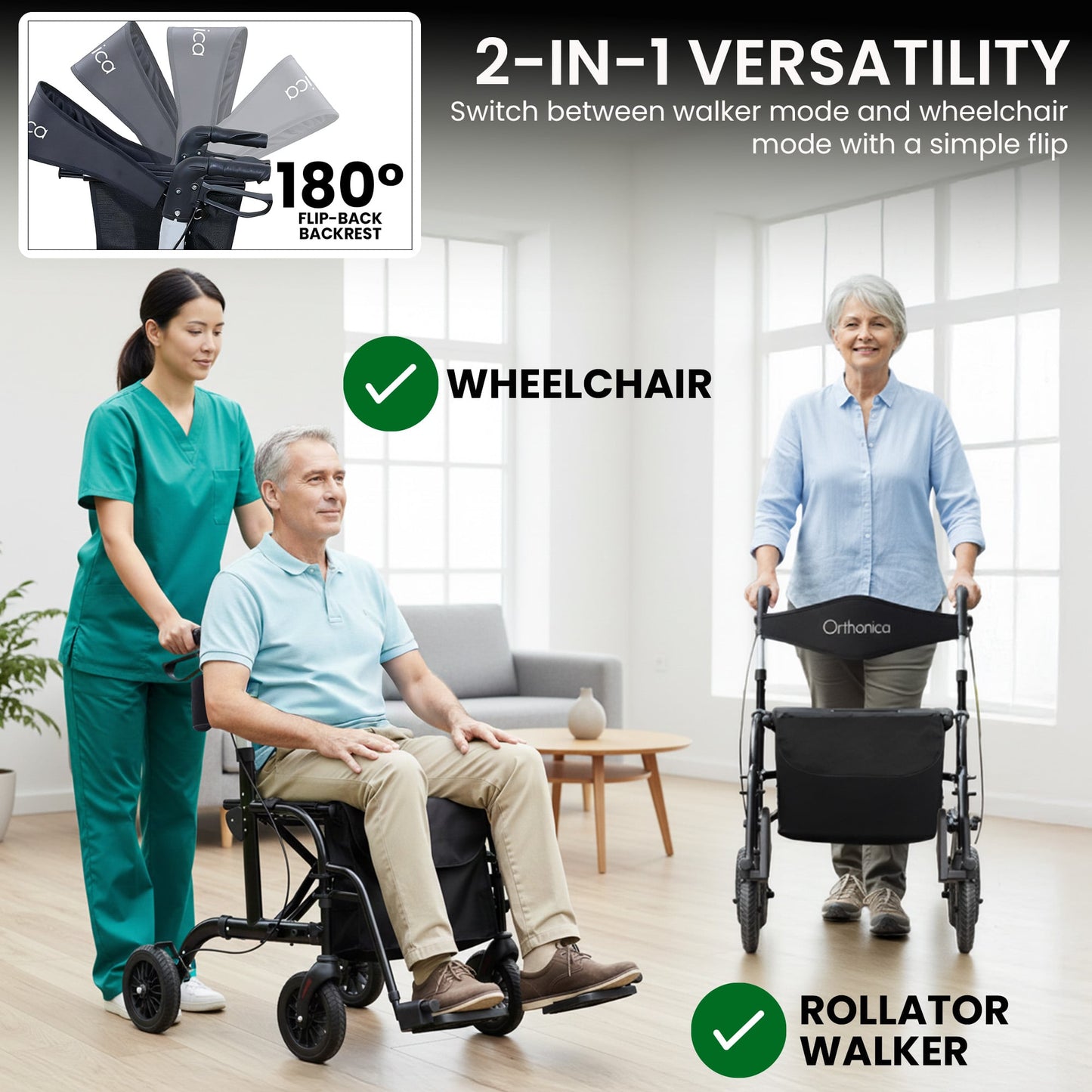 Orthonica Aluminium 2in1 Rollator Wheelchair with Foldable Frame Black & Silver