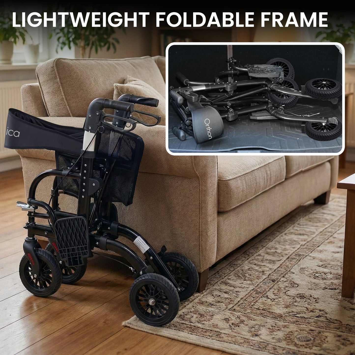 Orthonica Aluminium 2in1 Rollator Wheelchair with Foldable Frame Black & Silver