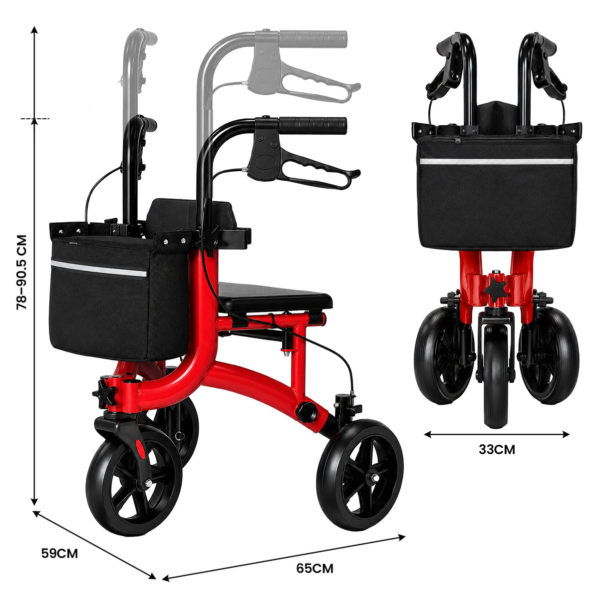 Orthonica 3-Wheel Folding Rollator Walker with Seat Lightweight Aluminium Mobility Aid Adjustable Height Bag