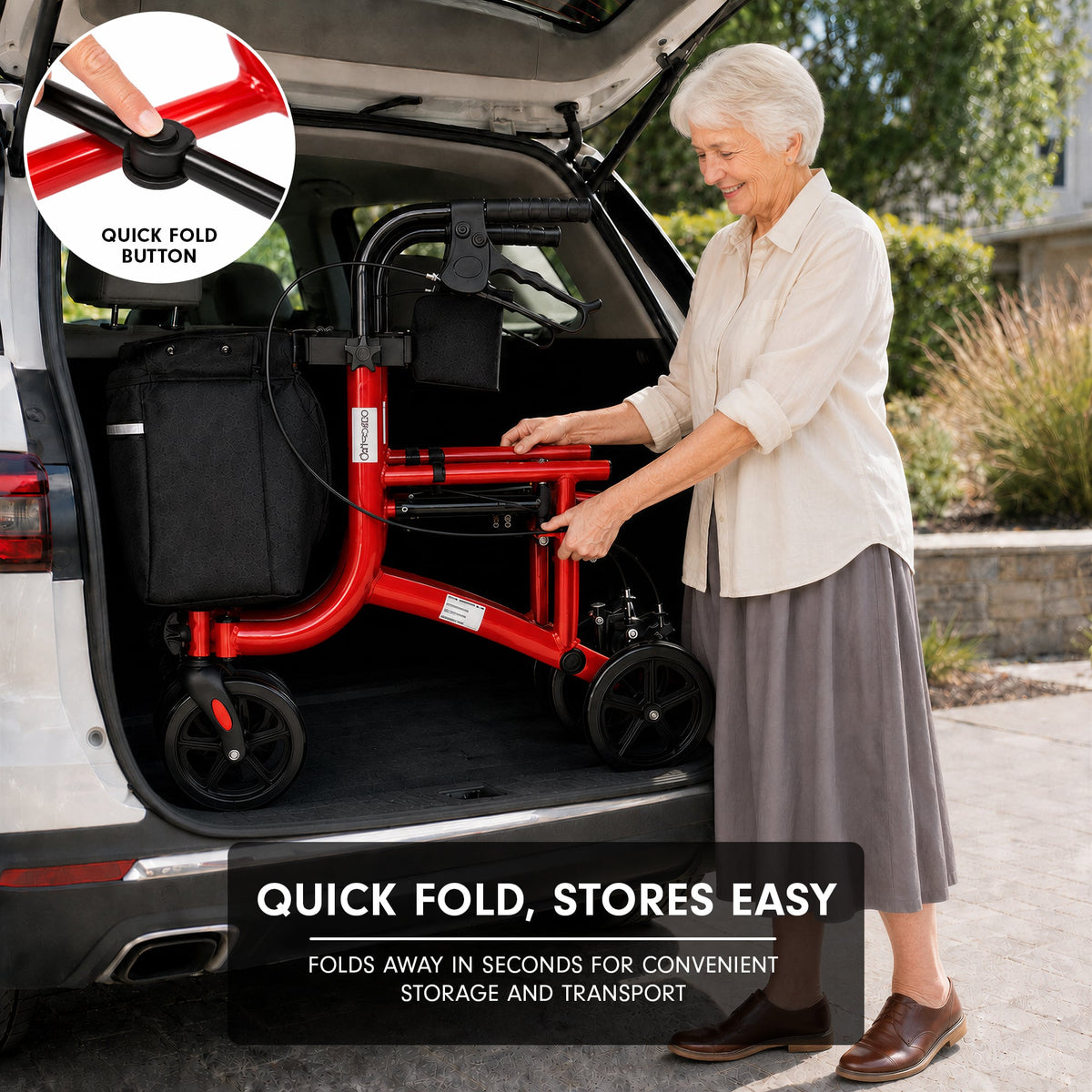 Orthonica 3-Wheel Folding Rollator Walker with Seat Lightweight Aluminium Mobility Aid Adjustable Height Bag
