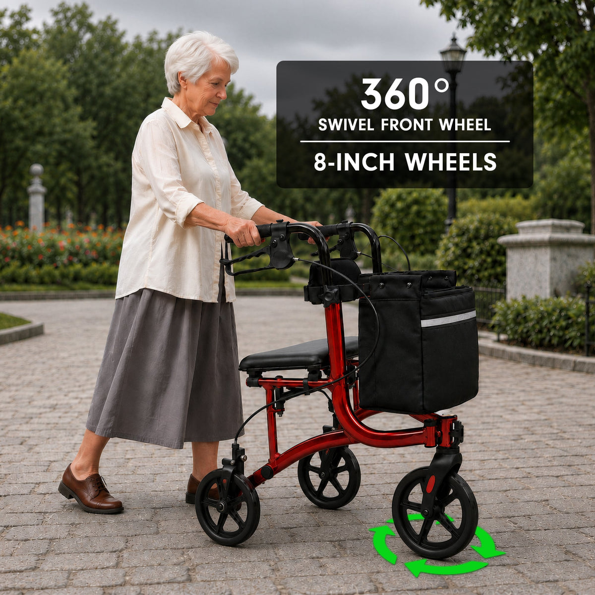Orthonica 3-Wheel Folding Rollator Walker with Seat Lightweight Aluminium Mobility Aid Adjustable Height Bag