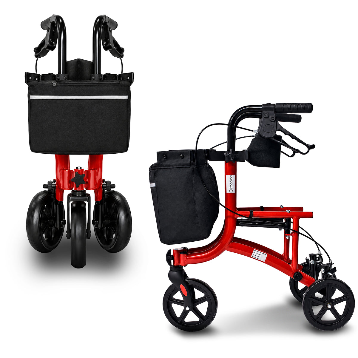 Orthonica 3-Wheel Folding Rollator Walker with Seat Lightweight Aluminium Mobility Aid Adjustable Height Bag