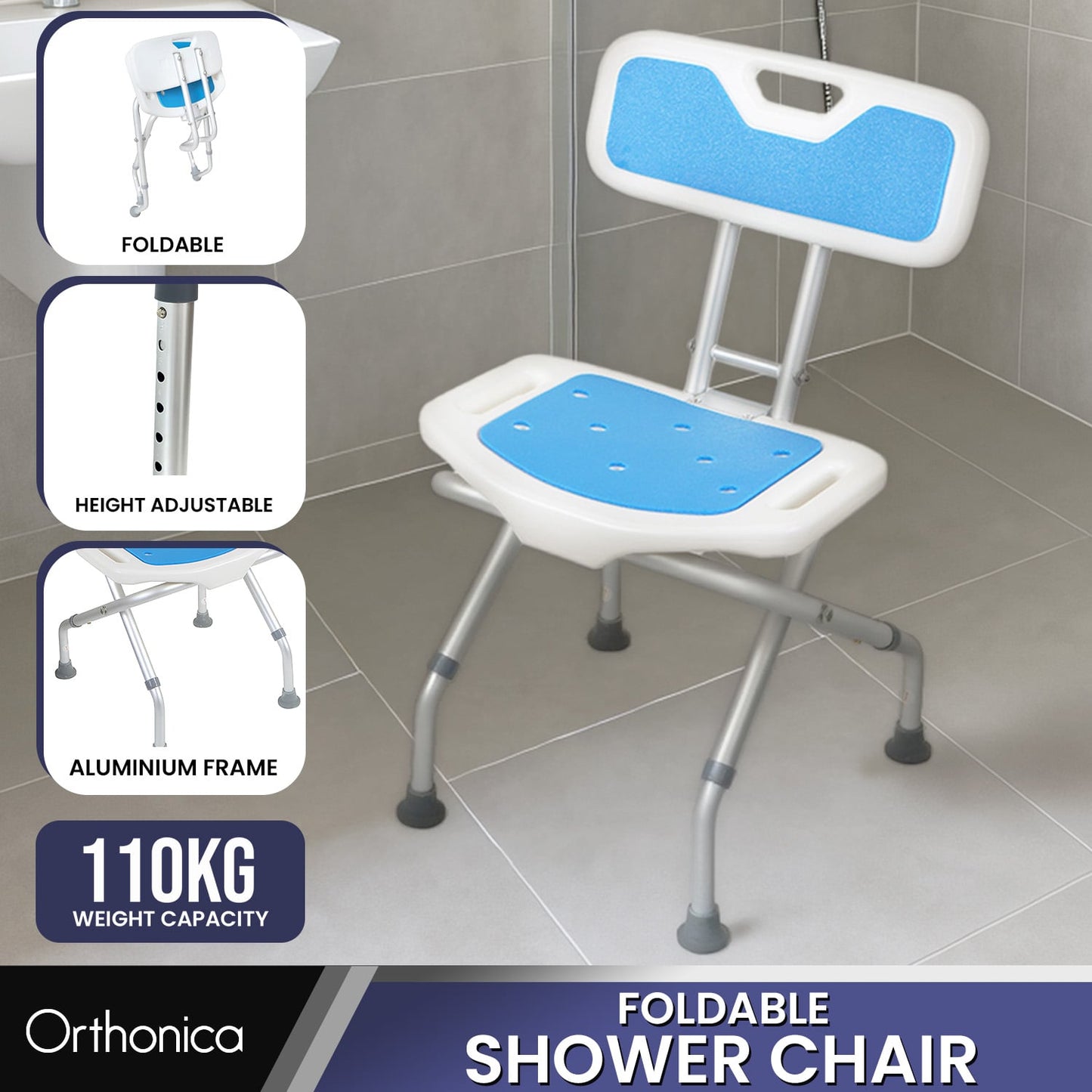 Orthonica Compact & Foldable Shower Chair w/Height Adjustable Aluminium Frame Non Slip Feet HDPE Seat & Backrest