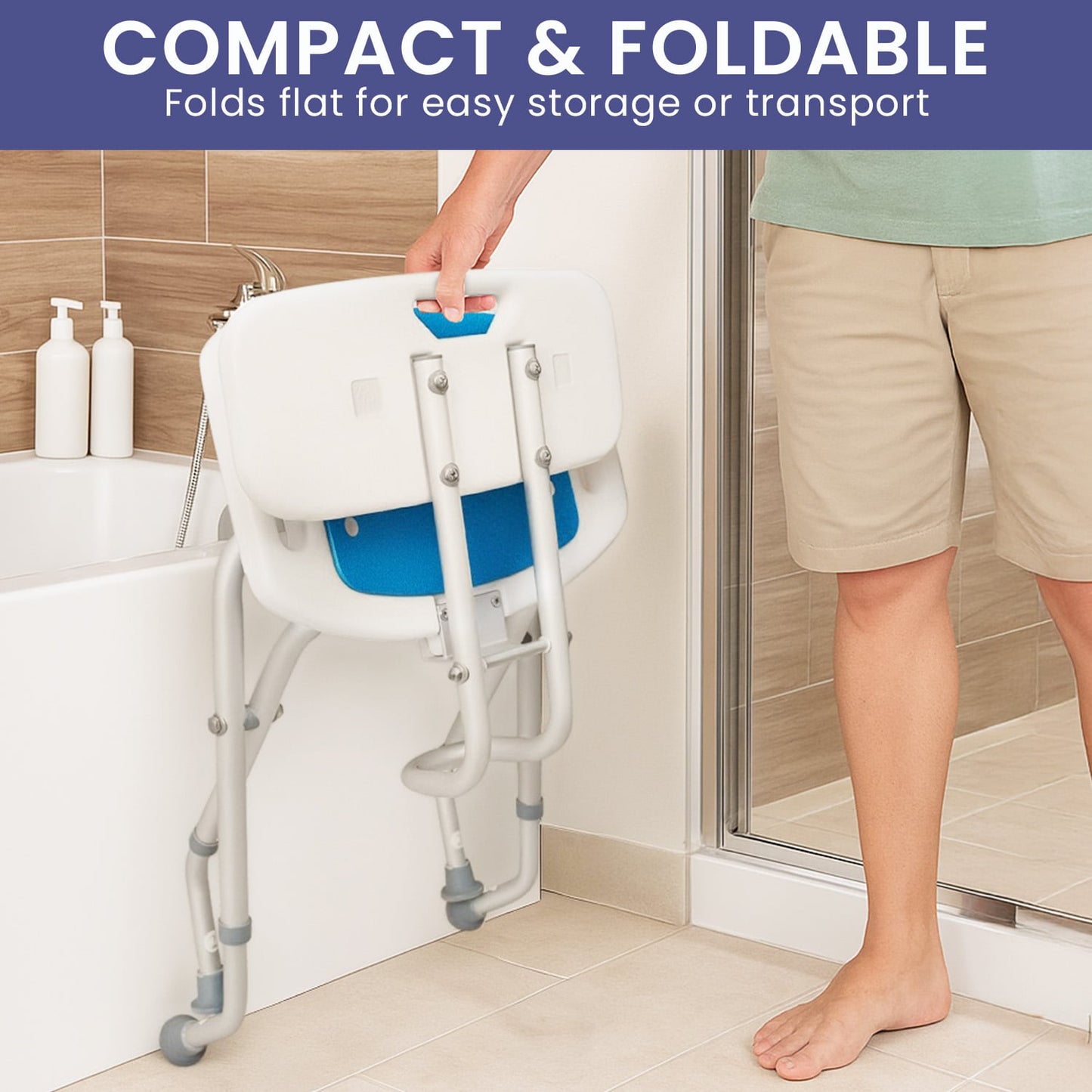 Orthonica Compact & Foldable Shower Chair w/Height Adjustable Aluminium Frame Non Slip Feet HDPE Seat & Backrest