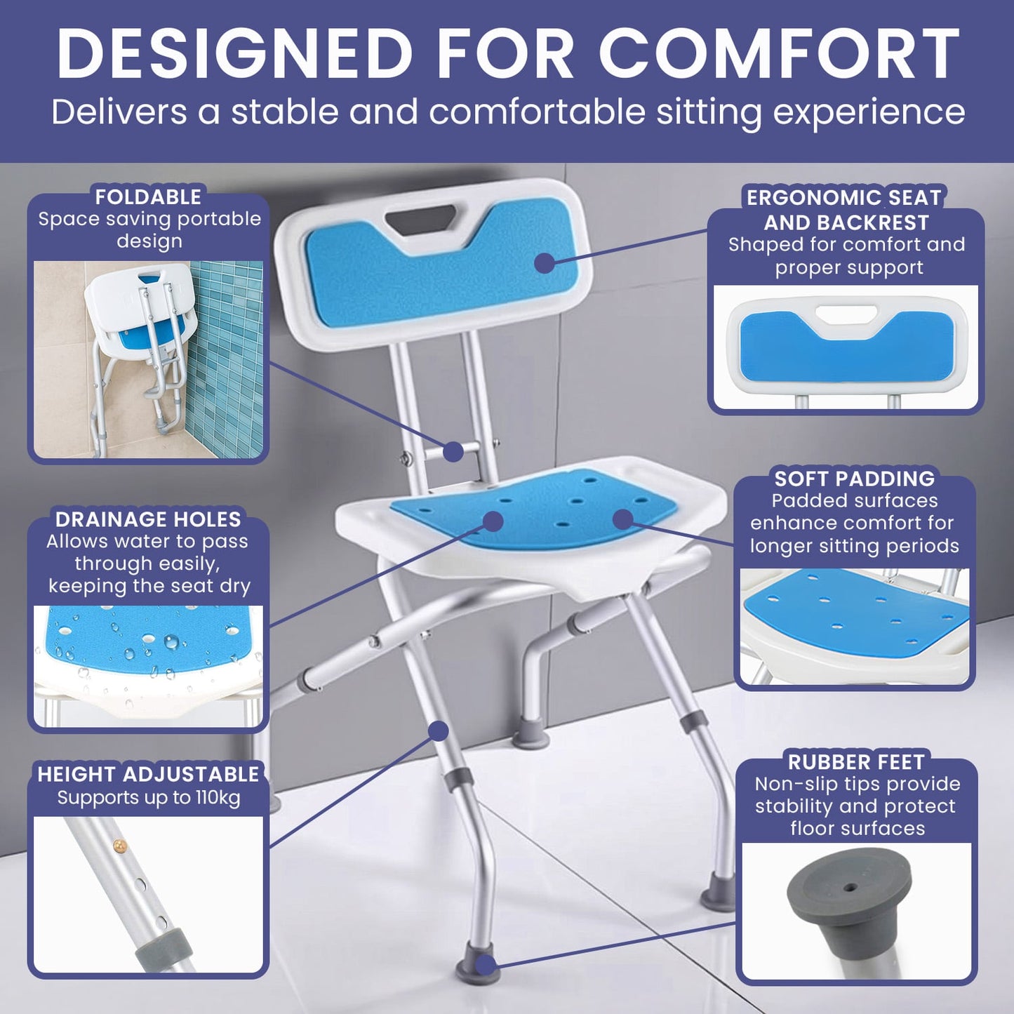 Orthonica Compact & Foldable Shower Chair w/Height Adjustable Aluminium Frame Non Slip Feet HDPE Seat & Backrest