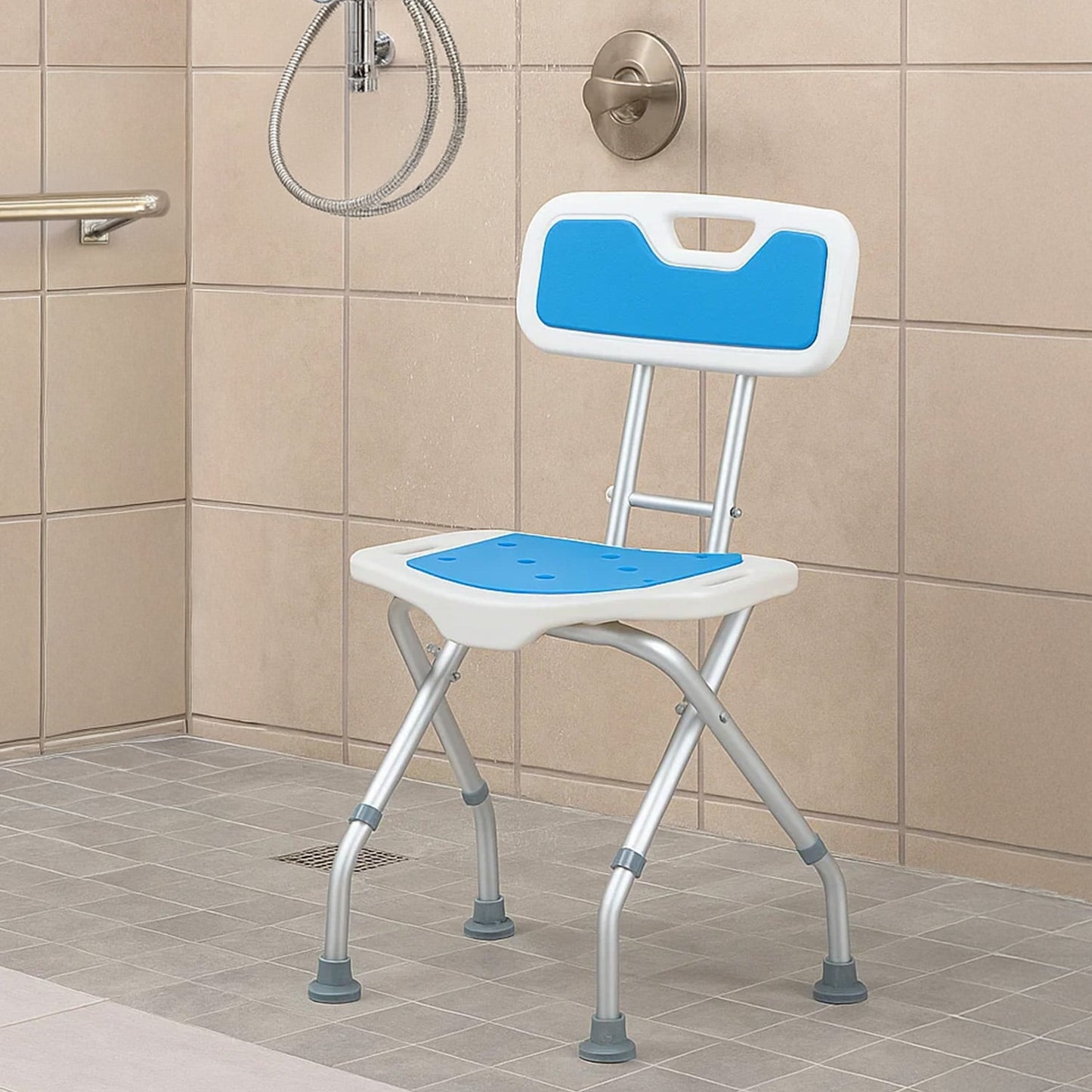 Orthonica Compact & Foldable Shower Chair w/Height Adjustable Aluminium Frame Non Slip Feet HDPE Seat & Backrest