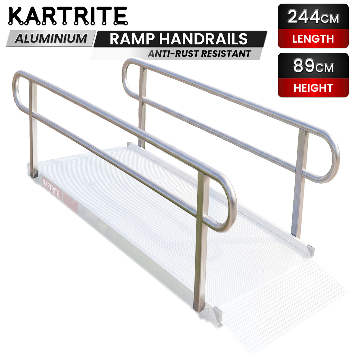 Kartrite Aluminium Safety Handrails for 8ft Wheelchair Ramp Rustproof Support Side Rails for Mobility Scooter Walker