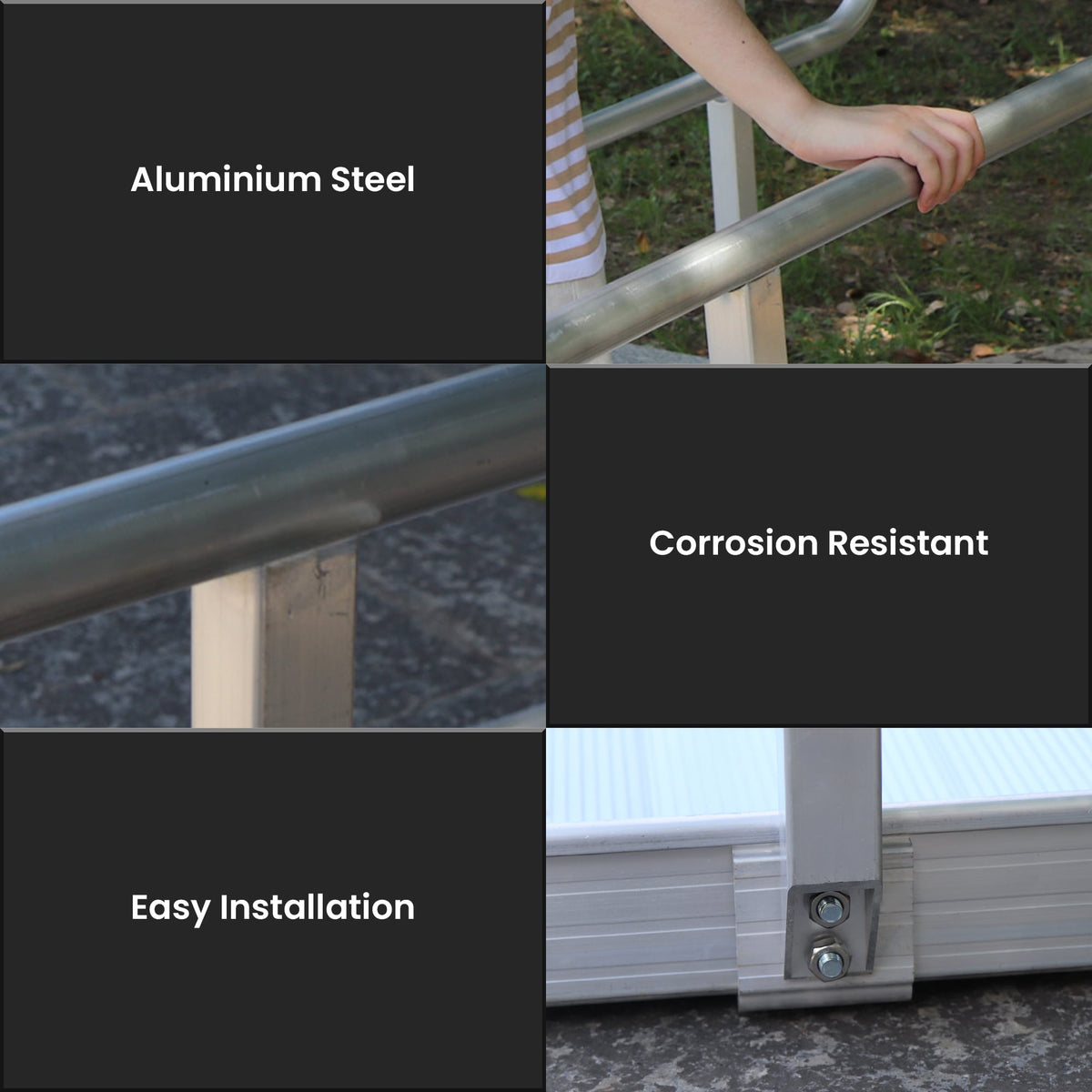 Kartrite Aluminium Safety Handrails for 6ft Wheelchair Ramp - Rust Free Outdoor Support Side Rails for Mobility