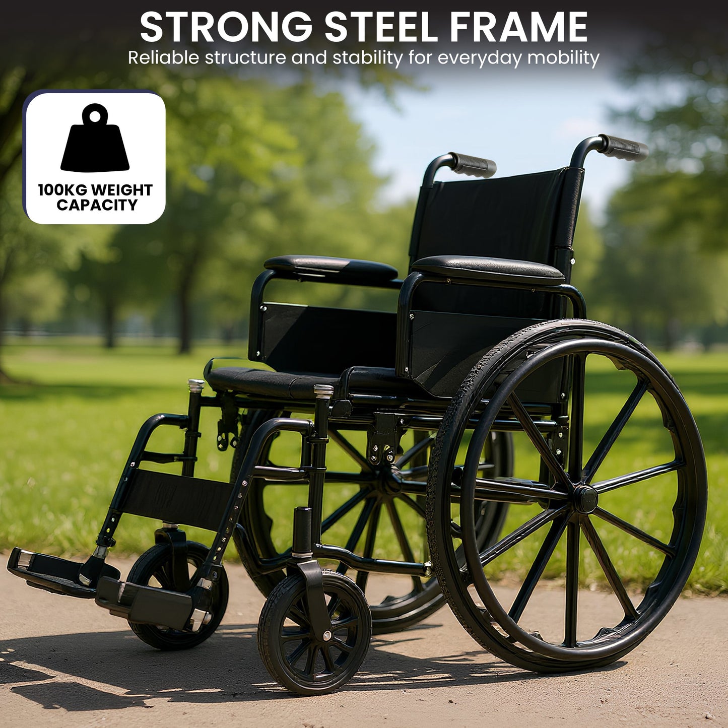 Orthonica 24in Foldable Steel Wheelchair in Black Steel Frame Heavy-Duty Disability Aid
