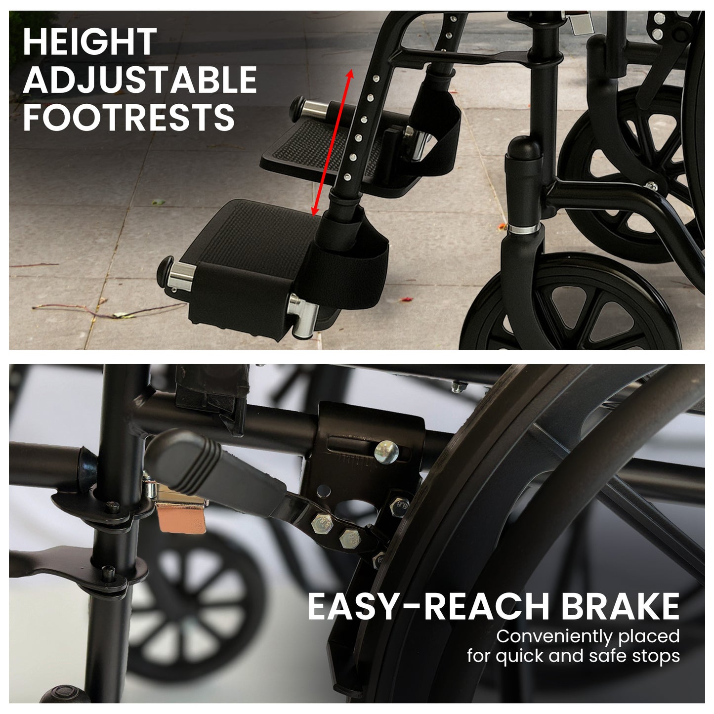 Orthonica 24in Foldable Steel Wheelchair in Black Steel Frame Heavy-Duty Disability Aid