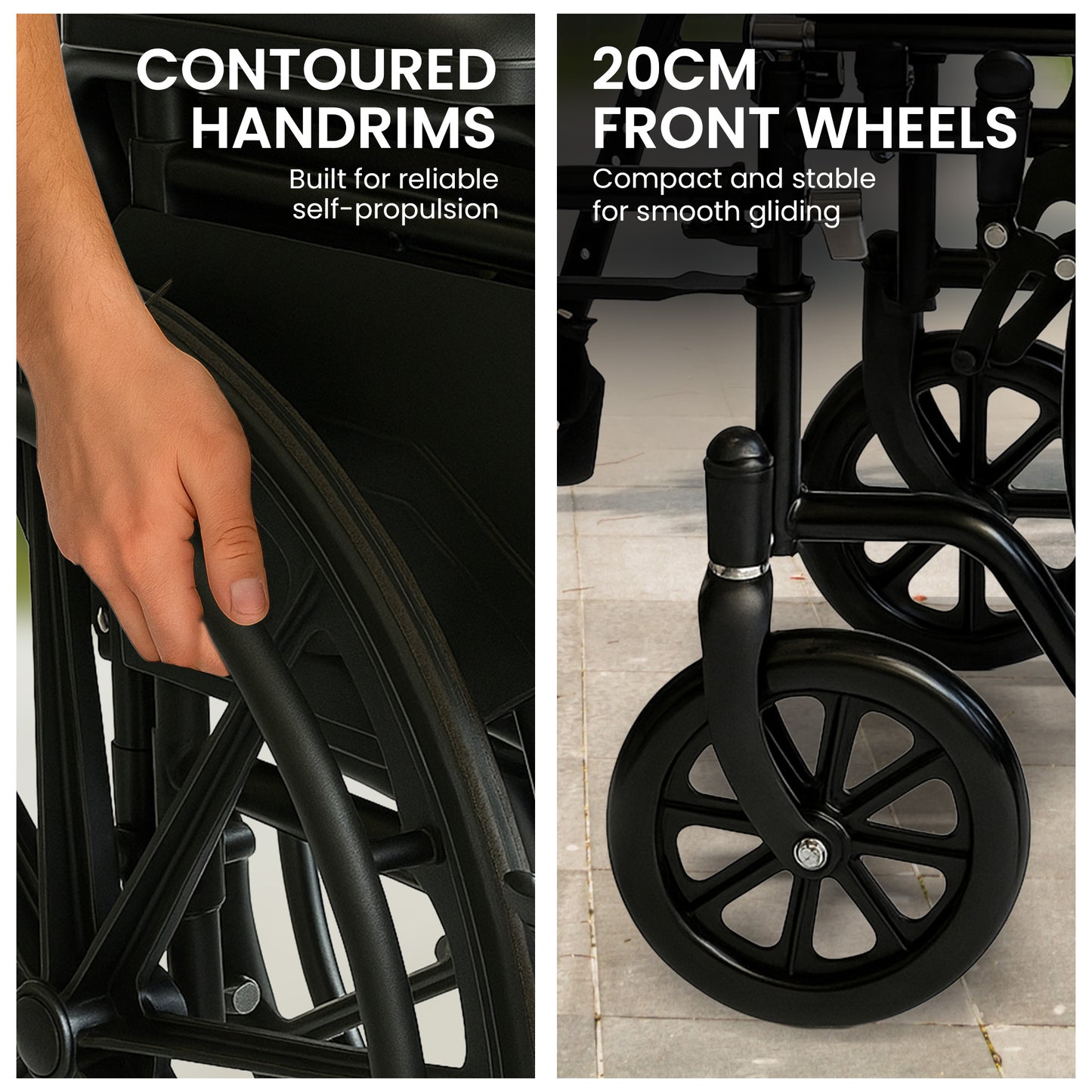Orthonica 24in Foldable Steel Wheelchair in Black Steel Frame Heavy-Duty Disability Aid